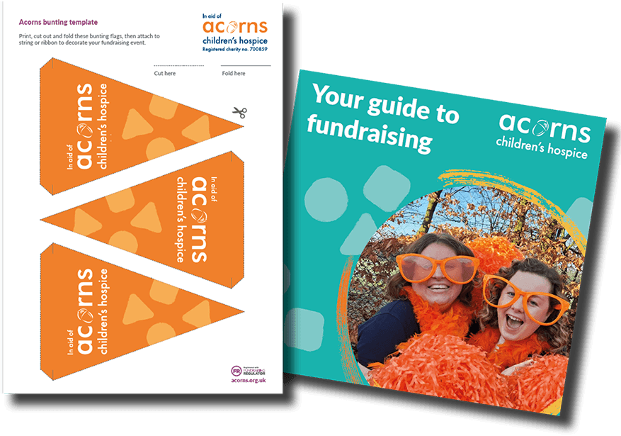 Resources and templates One page with orange bunting templates overlapping the cover of a fundraising guide
