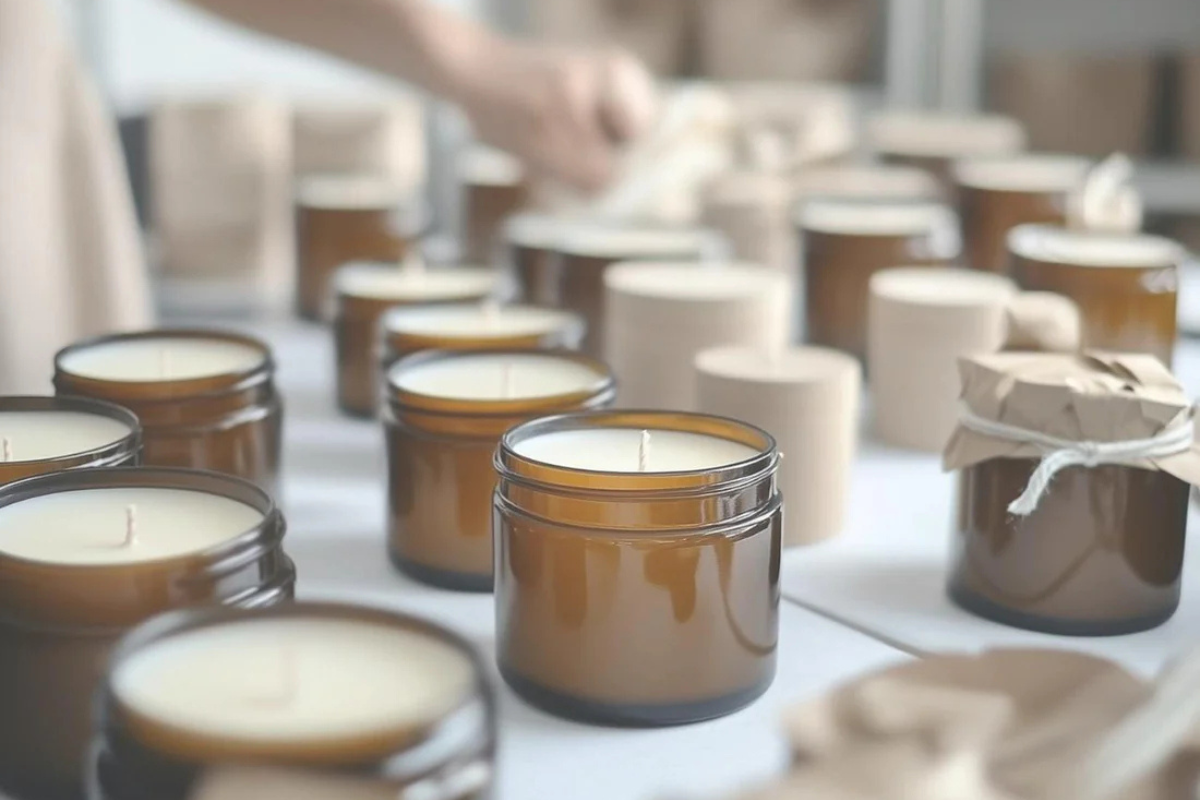 A close up of a table filled with white candles in a brown case.