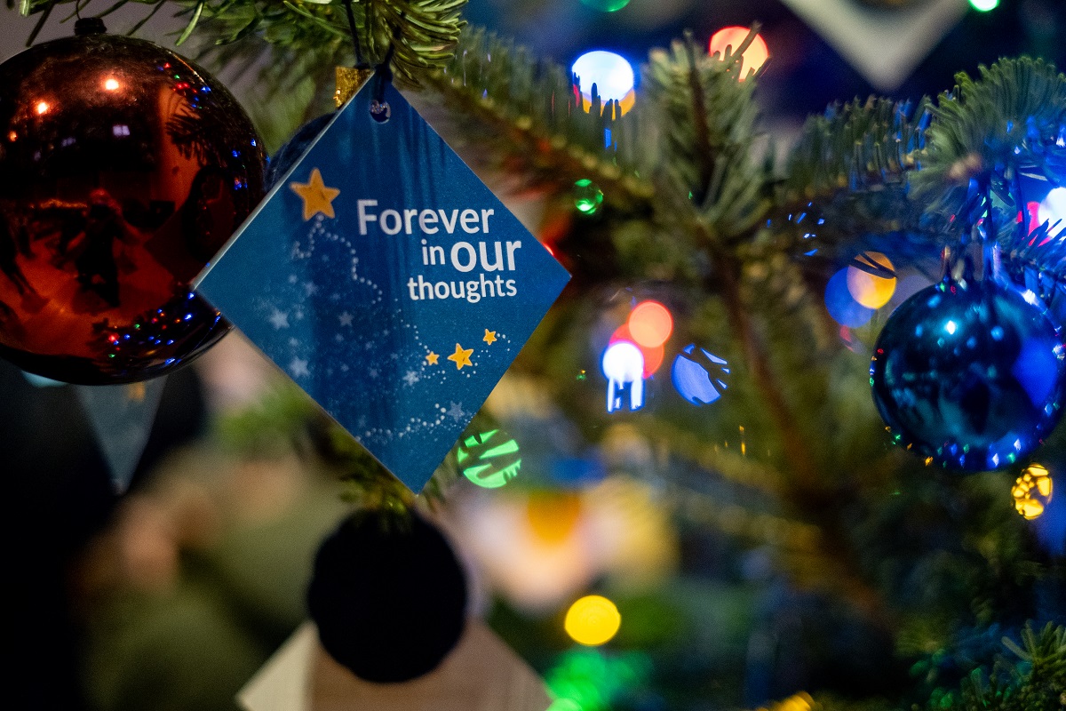 CYS tree Acorns-07122024-043 1200x800 Close up of a Christmas tree with an Acorns decoration on which contains the words 'Forever in our thoughts'