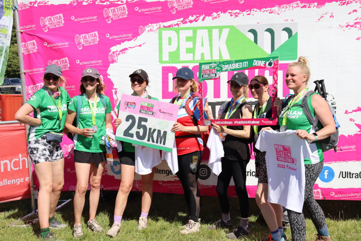Seven women smiling in front of a UCS Peak District sign. Two of the women are holding a 25km sign.