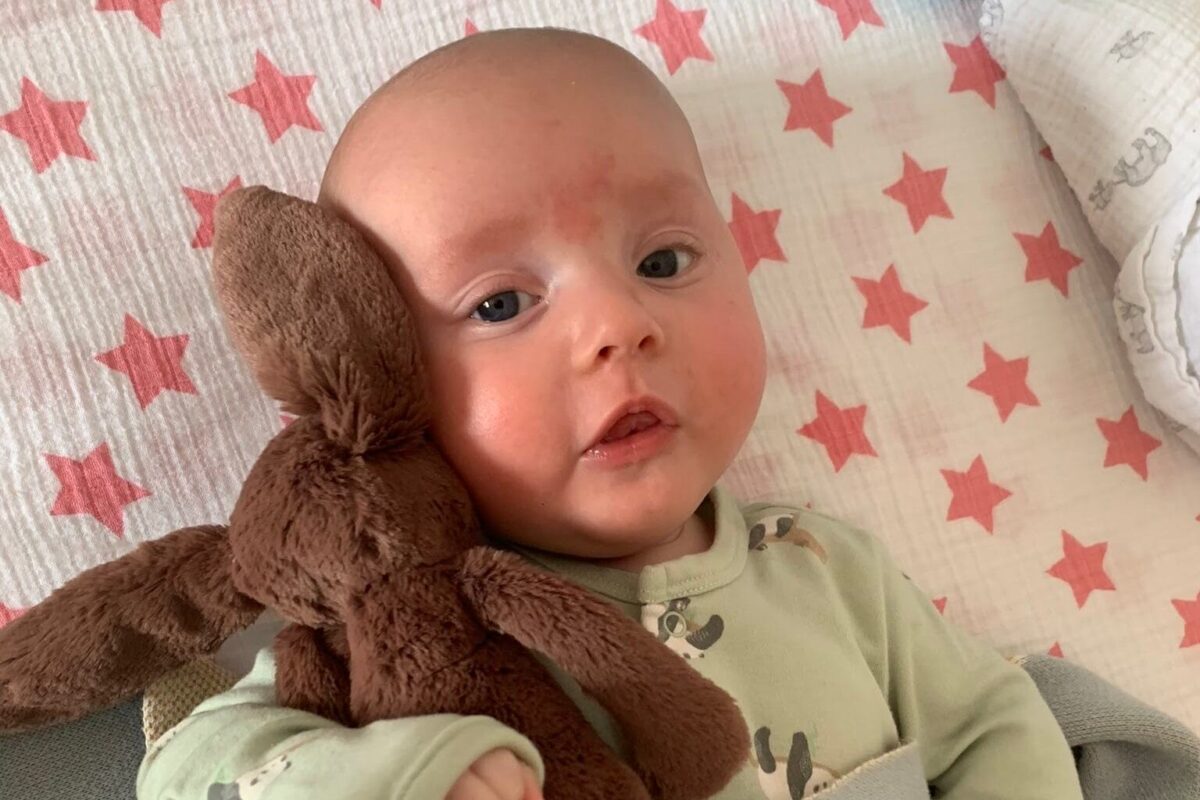 A young baby holding a brown bunny teddy.