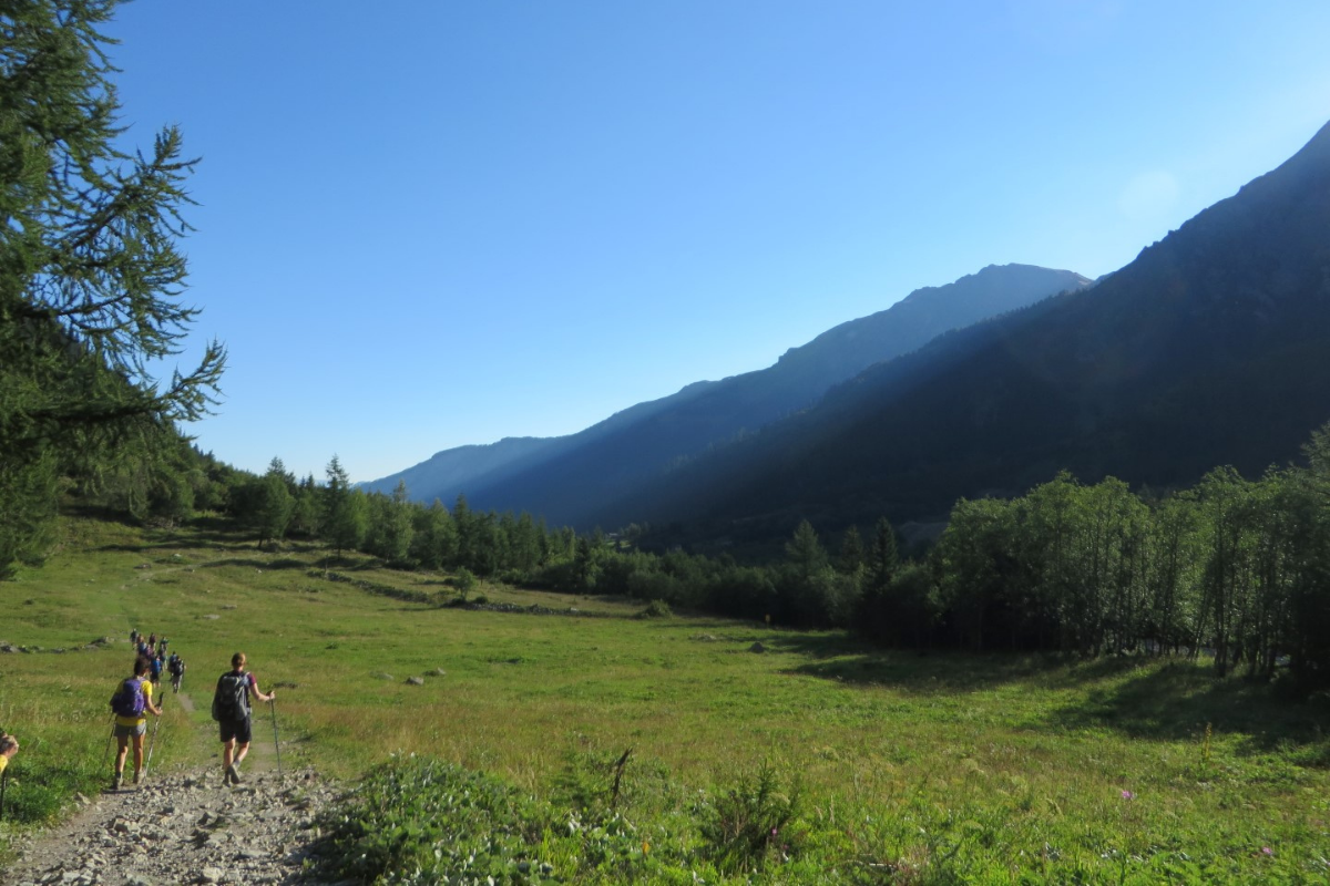 A field with mountain peaks in the background on a sunny day.