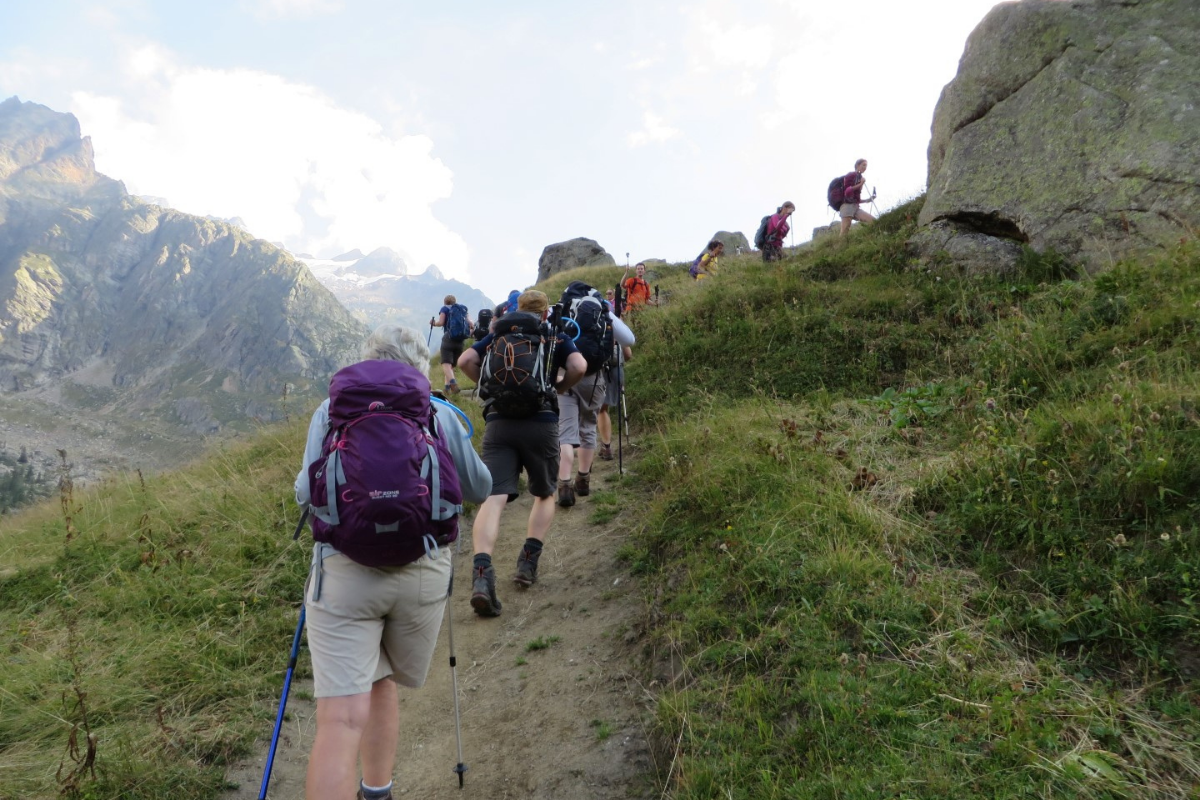 A large group of people walking single file up a path up a mountain.