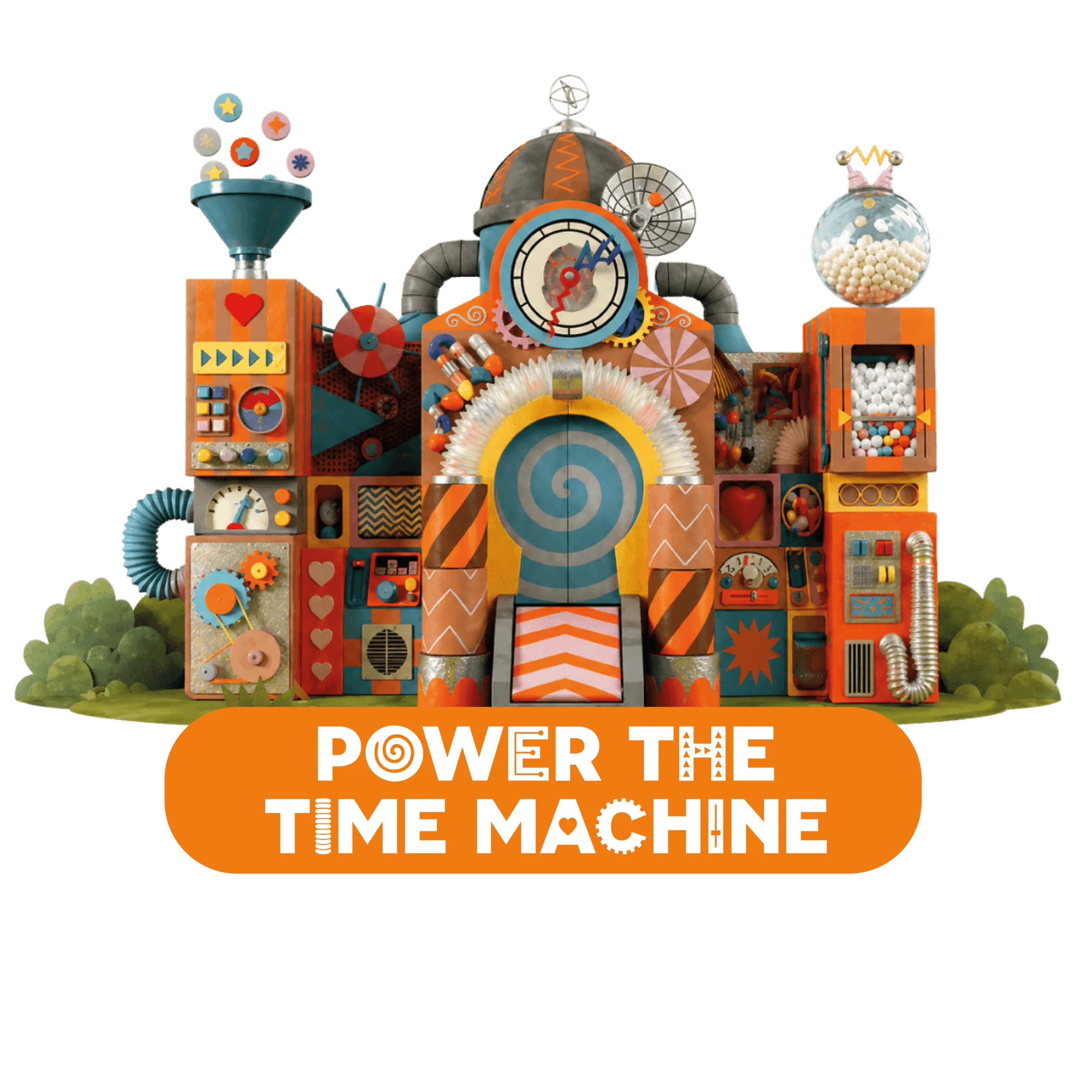 Colourful Time Machine campaign artwork with the words Power the Time Machine