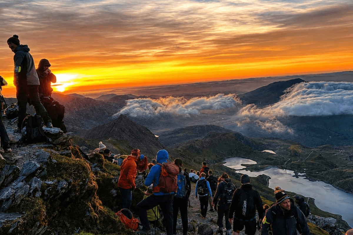 Sunrise trek A large group of people stood at the peak of Snowdon as the sun rises.