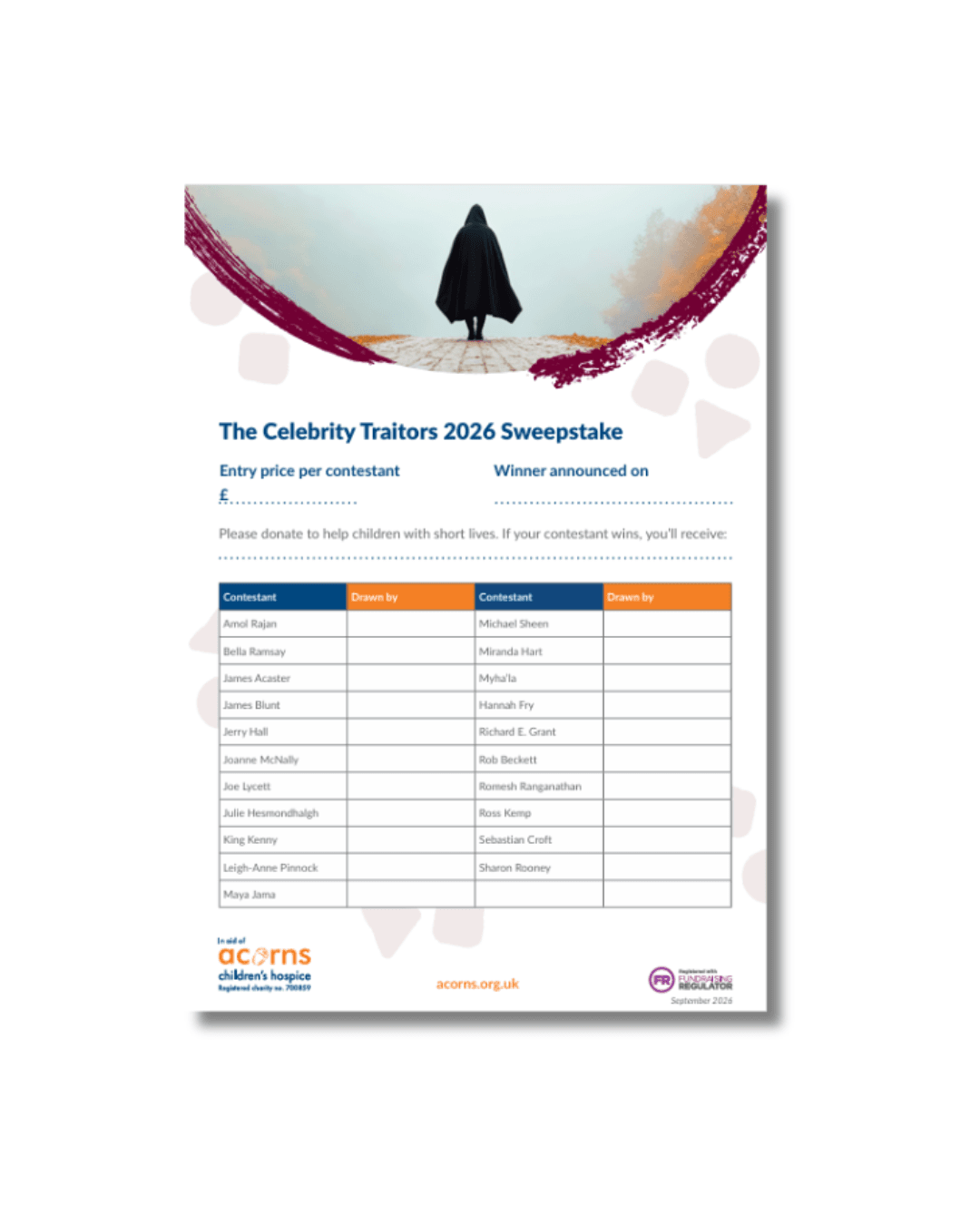 Celebrity Traitors Sweepstake image Image of sweepstake document